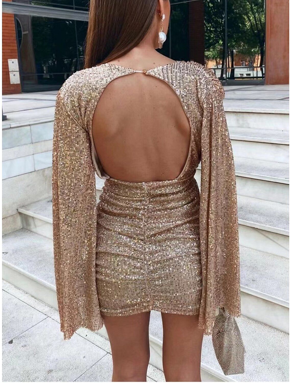 Abito da donna con paillettes, abito da festa, abito scintillante, abito da ballo, abito da cocktail, miniabito, champagne, verde scuro, blu scuro, manica lunga, glitter scintillanti, primavera, autunno, inverno, scollo a V profondo, moda